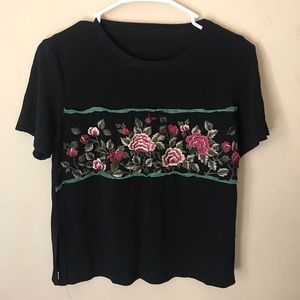 Silk black vintage shirt with flower embroidered